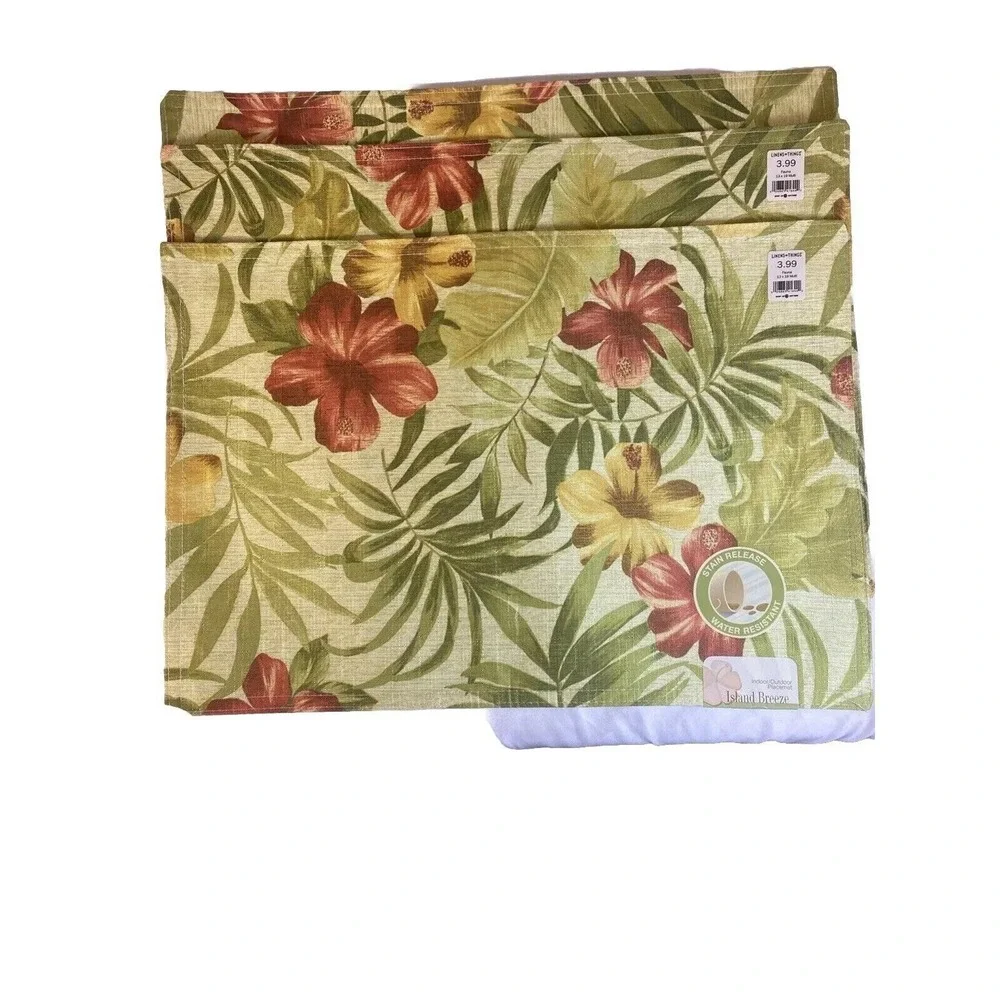 4 Vtg Floral Fauna Placemats Indoor Outdoor Island Breeze Hibiscus Red Green NOS